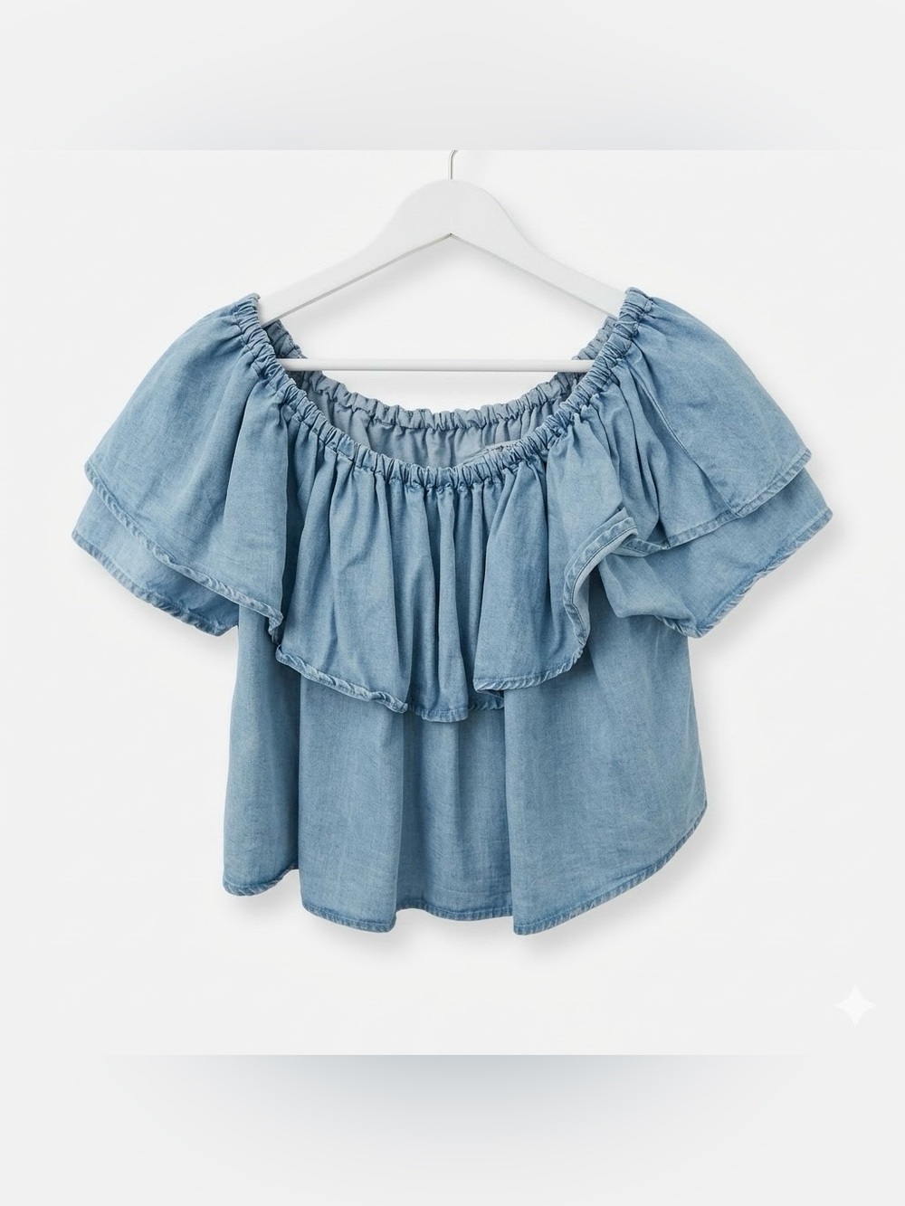 Zara Light Blue Denim Off-Shoulder Top